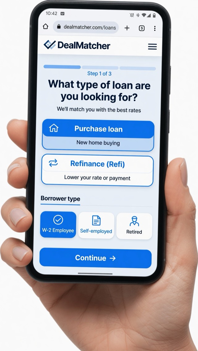 DealMatcher on a phone asking 'What type of loan are you looking for?' with Purchase and Refinance options and W-2 / Self-employed / Retired borrower types.
