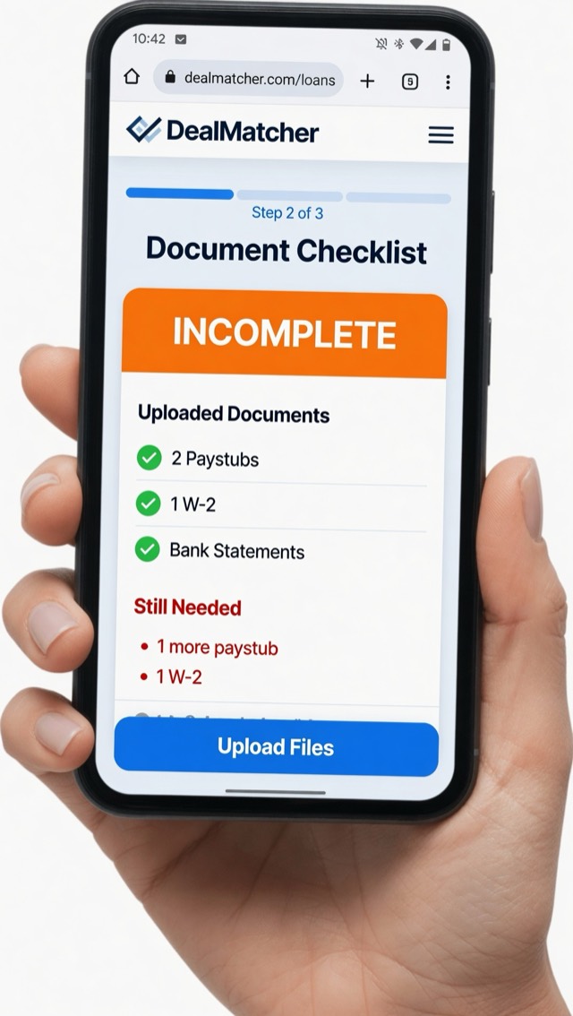 DealMatcher document checklist marked INCOMPLETE: paystubs, W-2 and bank statements checked off, with '1 more paystub' and '1 W-2' still needed.