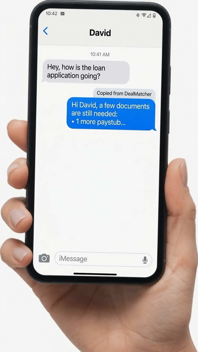 A text message to a borrower named David reading 'Hi David, a few documents are still needed: 1 more paystub,' copied from DealMatcher.