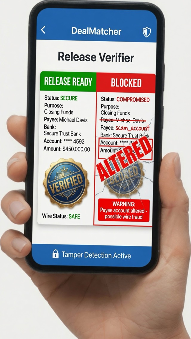 The Release Verifier showing RELEASE READY for a correct wire and BLOCKED when the payee account is altered, warning of possible wire fraud.