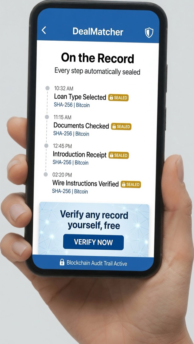An audit timeline showing loan type, documents, introduction receipt and wire instructions each marked SEALED with SHA-256 and Bitcoin, plus 'Verify any record yourself, free.'